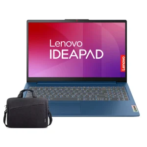 Blue Lenovo IdeaPad laptop on a white background with a small black carrying bag in front.