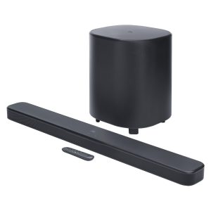 Black soundbar with a tall subwoofer and remote control—a home theater audio system for TV sound.