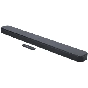 Black sleek soundbar speaker with a small remote control placed nearby.