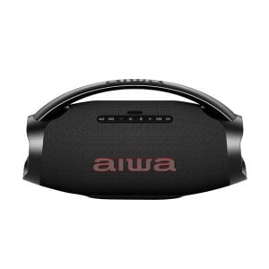 Black portable Bluetooth speaker with a curved carrying handle and red 'AIWA' logo on the front, front-facing view with control buttons on top.