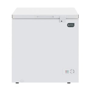 White chest freezer with a top-opening lid and a small front control panel on the lower right side.