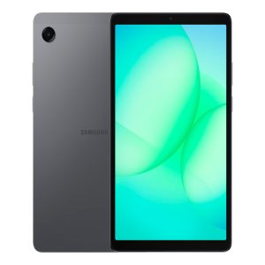 Samsung tablet shown from front and back in gray, with a bright turquoise wallpaper on the display.