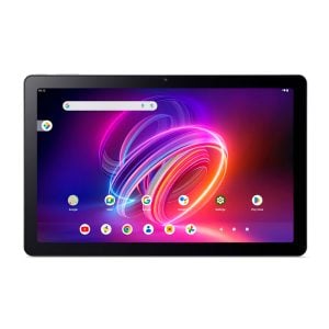 Tablet with a colorful Android home screen and app icons on a black bezel.