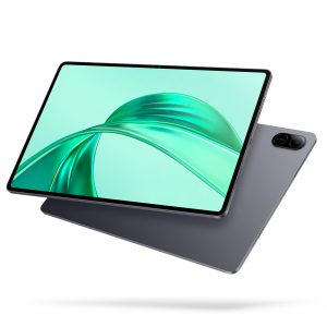 Gray tablet displayed in landscape with a built-in stand, teal abstract wallpaper on screen and a dual-camera module on the back
