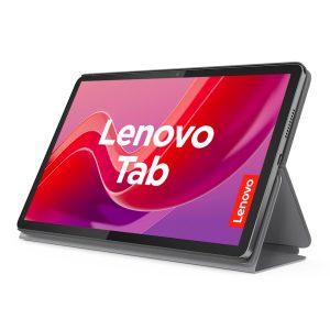 Lenovo Tab tablet displayed in landscape with a built-in kickstand and gray case