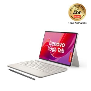 Lenovo Yoga Tab with keyboard and stylus on a white surface; gold ADP badge in the corner says '1 año ADP gratis'.
