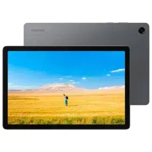 Front and back view of a Samsung tablet showing a person in a sunny desert field wallpaper on the screen with a gray back panel visible behind it.