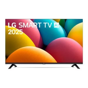LG Smart TV 2025 on a stand, displaying colorful abstract wallpaper with an AI label