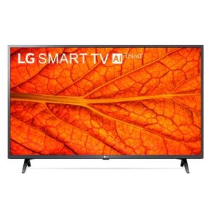 LG Smart TV on a stand displaying a vivid orange leaf pattern on screen with AI ThinQ branding in the corner.
