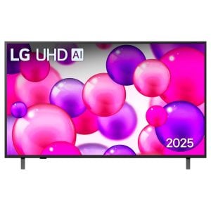 LG UHD AI TV on a stand displaying a vibrant pink and purple bubble wallpaper, 2025 model image.