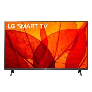 LG SMART TV on a stand displaying a vibrant orange leaf wallpaper