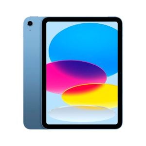 Blue tablet shown from back and front with a black-framed display and colorful abstract wallpaper on screen.