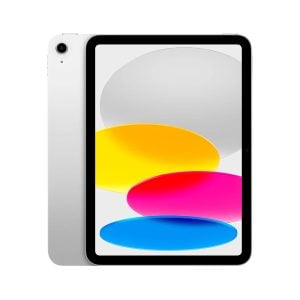 Front view of a white tablet with a black bezel and colorful abstract wallpaper on screen; back shows the camera on the top-left corner.