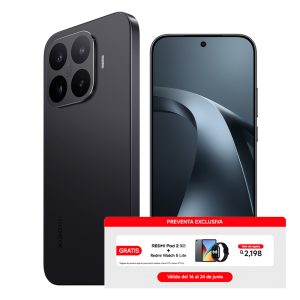 Smartphone image with a red 'PREVENTA EXCLUSIVA' banner offering a free Redmi Pad 2 and Redmi Watch 5 Lite during the promo period (June 16–24).