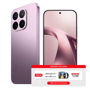 Purple Xiaomi smartphone with a quad-camera rear setup and a red promotional banner offering a free Redmi Pad 2 and Redmi Watch 5 Lite.