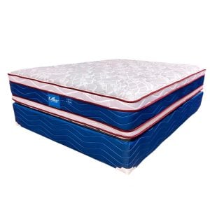 Stack of blue and white mattresses with red piping on a white background.
