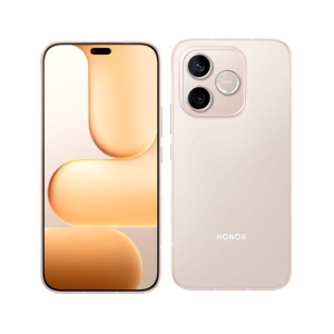 Honor smartphone in pale pink gold, shown from front and back: edge-to-edge display with a pill-shaped front camera cutout and a dual rear-camera setup on the back.