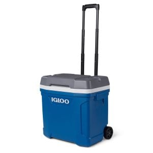 Blue Igloo cooler with gray lid, telescoping handle, and two wheels for easy transport.
