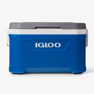 Blue Igloo cooler with a gray lid and white trim, shown from a side view.