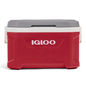 Red Igloo cooler with a gray lid and white latches on a white background