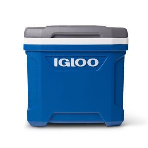 Blue Igloo cooler with gray lid, a compact portable ice chest for outdoor use.