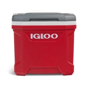 Red Igloo cooler with a gray lid, standing on a white background, logo visible