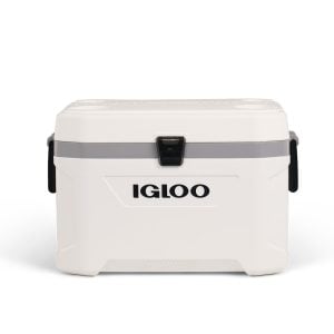 Igloo Marine white cooler with a gray latch strap, front view, closed lid