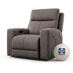 Gray upholstered recliner chair with plush cushions and wide armrests; a Sealy Furniture ball sits beside it on the floor.