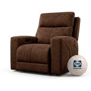 Brown upholstered recliner chair with a matching footrest and a white Sealy Furniture soccer ball beside it