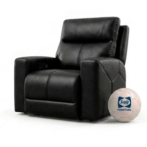 Black leather recliner chair with padded armrests on a white background, a branded white soccer ball beside it.