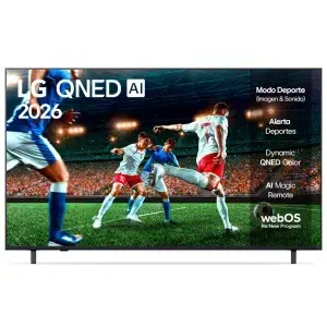 LG QNED AI 2026 TV showing a soccer match on a stadium screen, with LG QNED AI 2026 branding and on-screen menu text (webOS logo in corner).