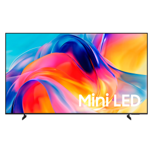 Flat-screen TV with a vibrant, abstract wallpaper and small stand feet, displaying the text 'Mini LED' on the screen.