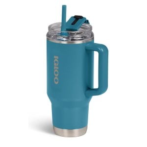 Blue insulated tumbler with a handle and clear lid, featuring a blue straw and spout area for drinking, ready to use.