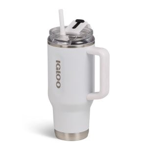 White insulated travel mug with straw, flip-top lid, Igloo logo, and stainless steel base