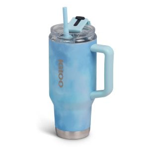 Blue insulated stainless steel tumbler with a light blue handle and straw, clear lid, and Igloo branding on the side.