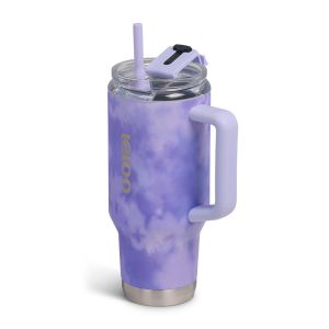 Lavender travel tumbler with a cloud-pattern design, light purple handle, straw, and flip-top lid.