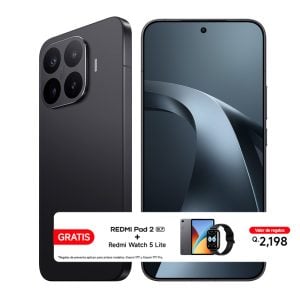 Black smartphone with quad-camera array and promotional banner offering a free Redmi Pad 2 and Redmi Watch 5 Lite