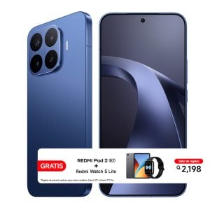 Blue smartphone shown from front and back with a promotional banner at the bottom offering a free Redmi Pad 2 and Redmi Watch 5 Lite; price Q.2,198