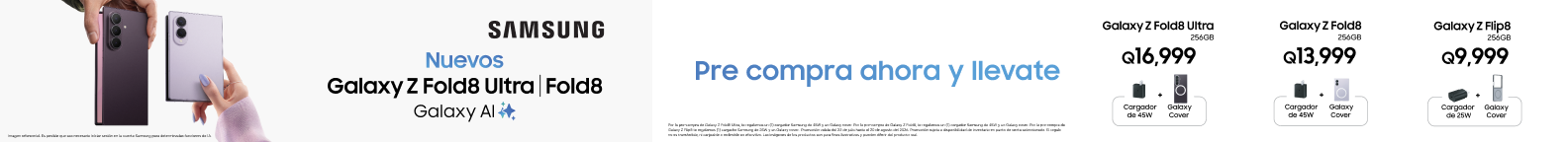Promotional Samsung banner showing two Galaxy Z Fold8 Ultra phones and the text 'Nuevos Galaxy Z Fold8 Ultra | Fold8 Galaxy AI' with a white background and Samsung logo center.